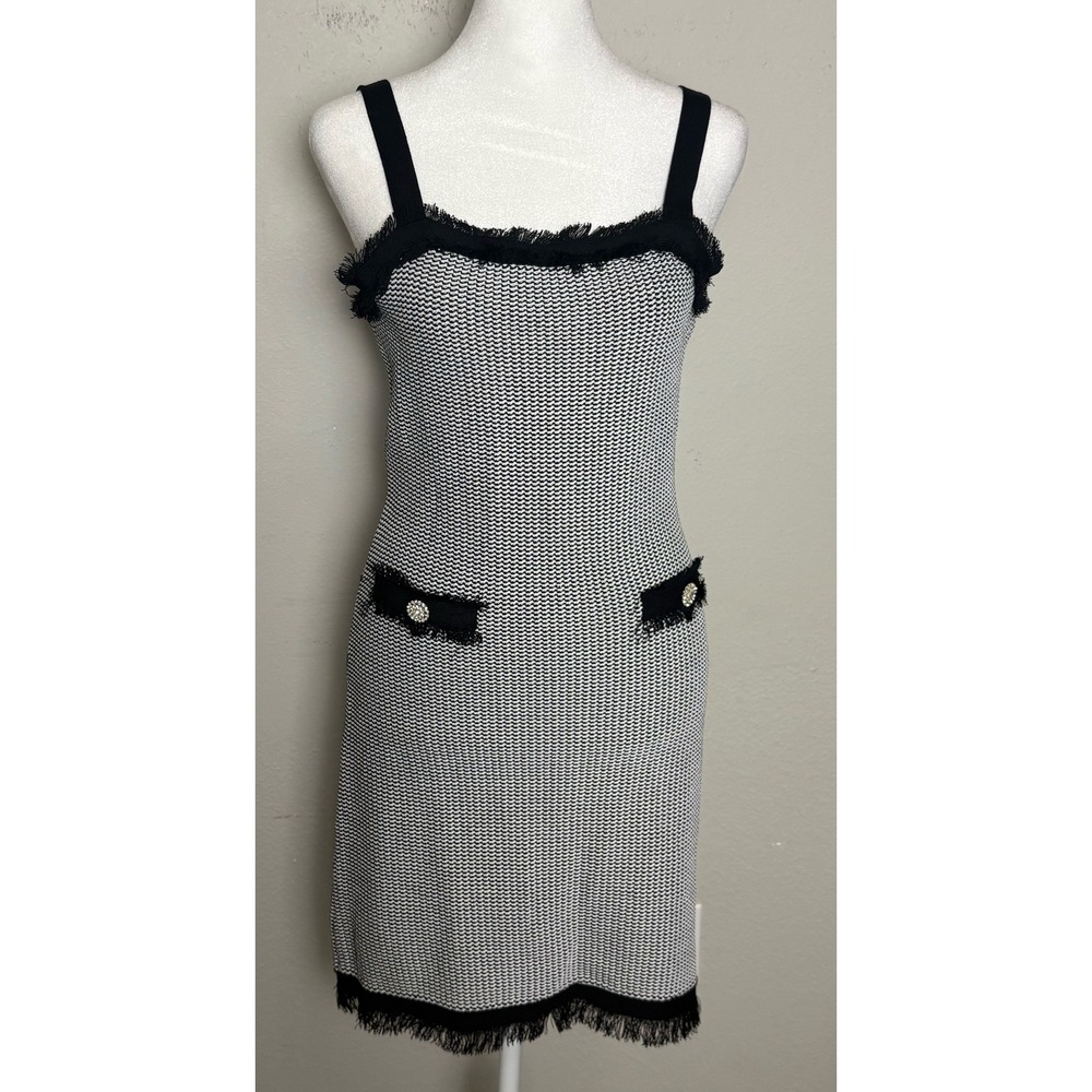 Urban Revivo Black White Tweed Knit Mini Dress Fringe Rhinestone Button New M 6 - Picture 2 of 7